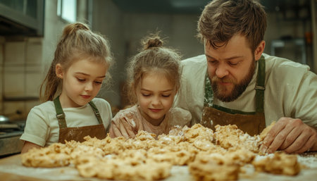 A rustic kitchen fills with warmth, laughter, and the sweet scent of pumpkin pie as a family gathers to bake Stories are shared and memories are made as they work together, embracing the spirit of autumn and the joy of creating a delicious tradition AI Generativeの素材