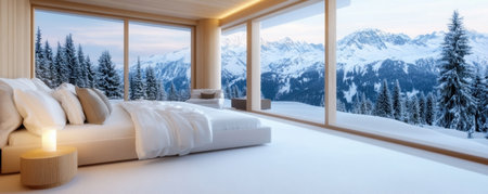 Escape to a luxurious winter cabin retreat nestled in a snowy paradise Immerse yourself in breathtaking mountain views, cozy interiors, and the warm glow emanating from the windows This is the perfect winter vacation escape for those seeking tranquility and breathtaking scenery AI Generativeの素材