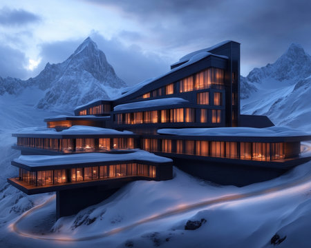 Escape to a luxurious mountain retreat this winter Indulge in gourmet dining, rejuvenating spa treatments, and breathtaking snow-covered views Create unforgettable memories in a stunning mountain paradise, where opulence and nature intertwine AI Generativeの素材
