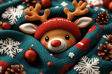 This festive ugly Christmas sweater features a charming reindeer adorned with a red hat, snowflakes, and Christmas trees The design bursts with holiday colors, making it the perfect choice for your next ugly Christmas sweater party Get ready to spread holiday cheer with this fun and eye-catching sweater! AI Generativeの素材
