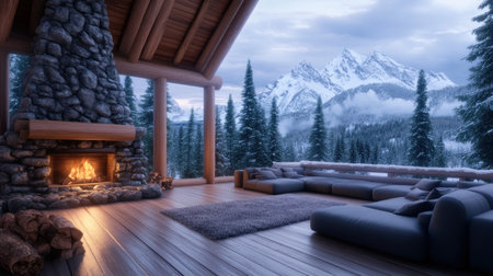 Escape to a cozy cabin nestled amidst breathtaking mountain views Relax by the crackling fireplace, surrounded by rustic charm and wooden beams Snug interiors and warm d cor create a perfect winter wonderland retreat for ultimate comfort and relaxation AI Generativeの素材