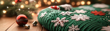 This festive green and white knitted sweater is perfect for holiday cheer! It features a classic Christmas tree pattern with intricate snowflakes falling over it Get ready to spread holiday cheer and win ugly sweater contests with this fun and festive design! AI Generativeの素材