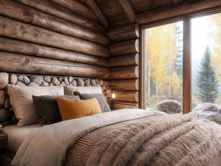 Unwind in a rustic cabin retreat, where a crackling fireplace sets the mood for a peaceful escape Immerse yourself in cozy ambiance and enjoy the tranquility of nature Ideal for a romantic weekend or a solo getaway to recharge and rejuvenate AI Generativeの素材