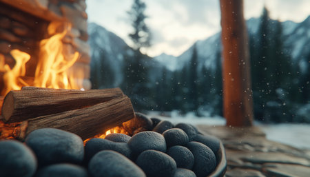 Escape to a cozy winter cabin nestled amidst a snowy wonderland Relax by the crackling fireplace as snowflakes gently fall outside Immerse yourself in the tranquil atmosphere, leaving behind the hustle and bustle of everyday life This idyllic retreat offers the perfect escape for a peaceful and rejuvenating winter getaway AI Generativeの素材