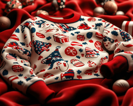 Embrace the holiday spirit with this festive chaos Ugly Christmas Sweater! Featuring a vibrant red, white, and blue pattern, it's packed with joyful holiday motifs and designs Perfect for spreading cheer at Christmas parties, this sweater is guaranteed to be a conversation starter and add a touch of fun to AI Generativeの素材