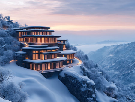 Escape to a luxurious mountain lodge nestled in a serene winter wonderland Immerse yourself in cozy fireplaces, breathtaking views, and unforgettable winter experiences Perfect for couples, families, or groups seeking a tranquil getaway Unwind, reconnect, and create lasting memories AI Generativeの素材