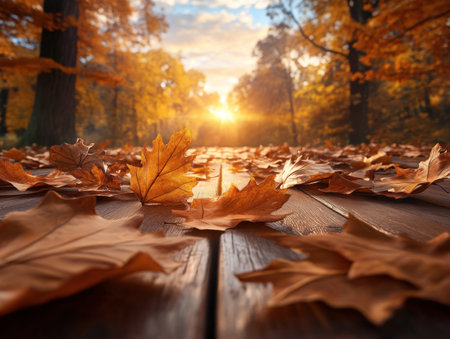 A path winds through a pristine autumn forest, its carpet of vibrant red, orange, and gold leaves bathed in the golden glow of a setting sun The air is crisp, the light ethereal, creating a picturesque scene of nature's breathtaking beauty AI Generativeの素材