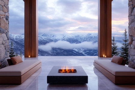 Embrace winter wonderland bliss at a luxurious mountain retreat Revel in breathtaking views, cozy lodges with crackling fireplaces, and the perfect setting for a romantic escape or family adventure Unwind in the serene atmosphere and create unforgettable memories amidst the snow-capped peaks AI Generativeの素材