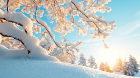 A breathtaking winter scene unfolds as snow-laden branches, adorned with glittering ice crystals, stretch towards a clear azure sky Majestic trees stand tall against the pristine white backdrop, creating a magical winter wonderland The air is crisp and silent, punctuated only by the gentle whisper of the wind AI Generativeの素材