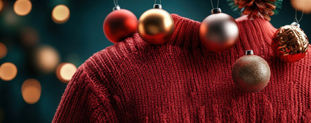 Get ready to spread holiday cheer with this eye-catching Ugly Christmas Sweater! It's a vibrant explosion of color, adorned with shiny ornaments strung across the design Be the life of the party in this festive, bright sweater that's guaranteed to spark conversations and holiday spirit AI Generativeの素材