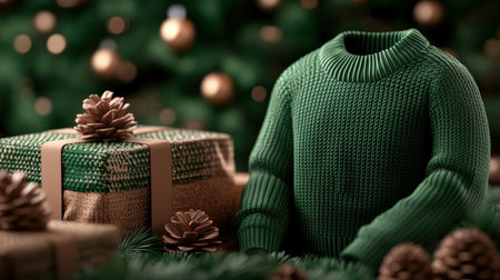 Embrace the holiday spirit with this festive green ugly Christmas sweater! Featuring a jolly Santa amidst presents and decorations, it's perfect for holiday gatherings and gift-giving Spread Christmas cheer with this fun and quirky sweater, guaranteed to turn heads AI Generativeの素材