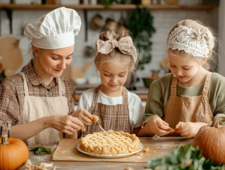 A warm kitchen filled with the aroma of cinnamon and nutmeg Mom and her daughters, hands dusted with flour, work together to create a classic pumpkin pie Laughter and stories mingle with the scent of autumn as they bake, creating a cherished family tradition AI Generativeの素材