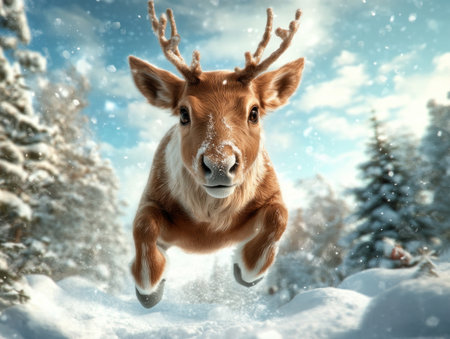 Spread holiday cheer with this playful Christmas sweater! A festive reindeer leaps through a snowy wonderland, making it a conversation starter and a memorable addition to your festive wardrobe Perfect for holiday parties and celebrations, this quirky design is sure to turn heads AI Generativeの素材