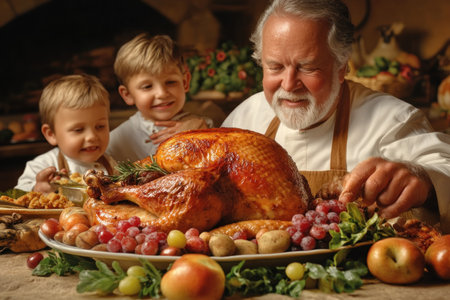 Across generations, a family gathers in the heart of their home, the kitchen Laughter mingles with the scent of beloved recipes as they prepare a traditional Thanksgiving feast The warmth of shared traditions binds them, creating a heartwarming scene of love and togetherness AI Generativeの素材