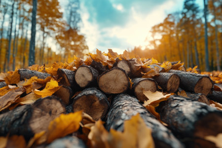 A serene autumnal forest scene unfolds, bathed in warm sunlight Vibrant hues of red, orange, and yellow paint the leaves as they gently descend upon a weathered pile of logs The composition captures the tranquility and beauty of nature's seasonal transformation AI Generativeの素材