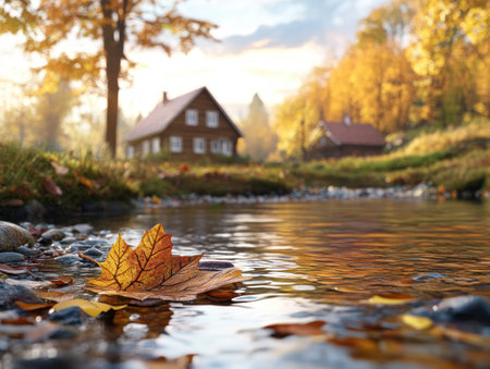 A tranquil autumn landscape unfolds, where vibrant leaves cascade onto a peaceful stream Golden sunlight bathes the scene, casting a warm glow on a rustic cabin nestled amidst the vibrant foliage The air is crisp and still, inviting serenity and a sense of peaceful escape AI Generativeの素材