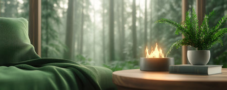 Escape to a tranquil cabin nestled amidst a serene forest Relax by the cozy fireplace, soak in the breathtaking views through large windows, and find peace in the quiet embrace of nature This secluded retreat offers the perfect escape for rejuvenation and tranquility AI Generativeの素材