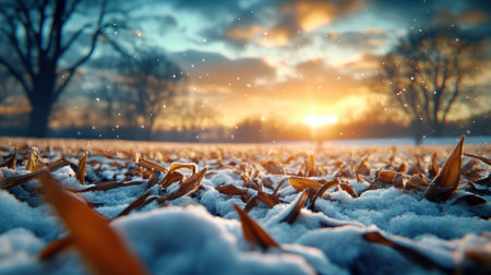 A breathtaking winter landscape unfolds before you, with snow-covered fields stretching towards a majestic sunset Witness the raw beauty of a frosty wonderland, where snow swirls in the icy winds and frostbite is a constant threat But the captivating scene, bathed in the golden hues of twilight, makes the risk AI Generativeの素材