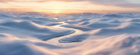 A serene winter landscape unfolds, showcasing a winding, ice-covered river meandering through snow-covered hills The frosty sunset casts a warm glow, highlighting the tranquil beauty of a frozen world This image is perfect for capturing the essence of winter, nature, and tranquility, making it ideal for photography and wallpaper AI Generativeの素材
