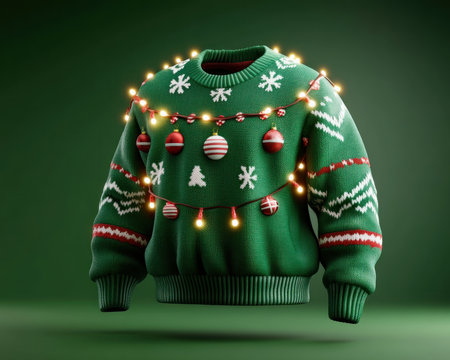 Get ready to shine this holiday season with this dazzling Christmas sweater! Featuring a festive design illuminated by twinkling string lights, it's the perfect way to spread holiday cheer at parties and gatherings Embrace the ugly sweater trend with a touch of sparkling magic! AI Generativeの素材