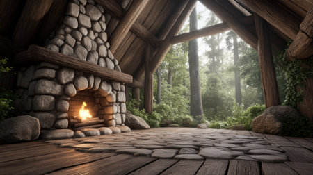 Escape to a serene log cabin retreat nestled amidst the woods Unwind by a cozy fireplace, relax under the warm glow of wooden beams, and breathe in the tranquil atmosphere This idyllic escape offers the perfect sanctuary for relaxation and rejuvenation AI Generativeの素材
