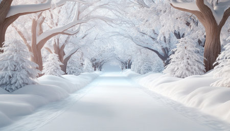 A snow-covered forest path transforms into a winter wonderland Thick, snow-laden branches create a tunnel of white, inviting you to explore the enchanting beauty of a snowy forest landscape This scene, captured in winter nature photography, showcases the mesmerizing spectacle of snow-covered trees and a white forest AI Generativeの素材