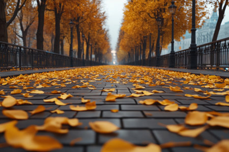 A serene autumn path winds through vibrant foliage, golden leaves gently falling upon cobblestone The peaceful scene invites a tranquil walk, surrounded by nature's beauty The vibrant fall colors paint a picturesque landscape, capturing the essence of autumn's tranquility AI Generativeの素材