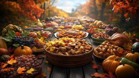 Imagine a picturesque Thanksgiving feast set amidst the vibrant hues of autumn A rustic table laden with mouthwatering dishes is surrounded by a tapestry of colorful leaves The air is alive with the warmth of family and friends, celebrating a bountiful harvest under the open sky A true Thanksgiving celebration AI Generativeの素材