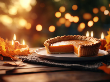 Imagine a warm autumn evening, bathed in golden light A rustic table is laden with a delectable pumpkin pie, inviting you to gather with loved ones This scene is perfect for a Thanksgiving feast or a cozy fall gathering, filled with laughter and the comforting aroma of autumn AI Generativeの素材