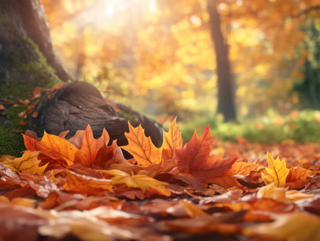 A symphony of crimson, amber, and gold paints the forest floor as vibrant autumn leaves gracefully descend The changing seasons are captured in this stunning display of nature's artistry Up close, the intricate details of fallen leaves reveal the beauty of fall's transition AI Generativeの素材