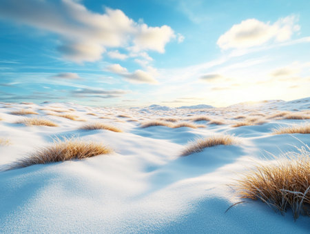 A winter wonderland unfolds before you, a breathtaking landscape where snow dances across frozen plains The icy expanse shimmers under a vast sky, revealing nature's raw beauty in winter's embrace This stunning scene captures the essence of serenity and awe-inspiring power AI Generativeの素材