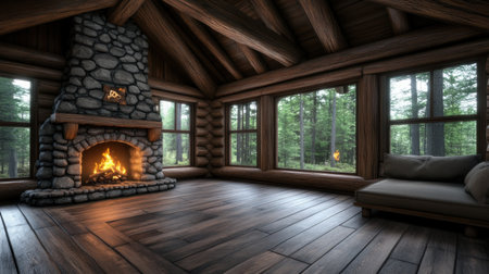 Escape to tranquility in this serene log cabin retreat Nestled amidst the woods, it features a cozy fireplace, natural wooden beams, and a peaceful ambiance Perfect for a quiet getaway where you can reconnect with nature and yourself AI Generativeの素材