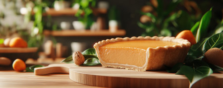 A golden-brown pumpkin pie, warm and fragrant, rests on a rustic countertop in a cozy autumn kitchen Surrounded by vibrant fall ingredients, it awaits Thanksgiving dinner This homemade pie, made with a delicious recipe, embodies the essence of fall baking, promising a sweet and comforting treat AI Generativeの素材