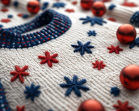 This festive Christmas sweater is guaranteed to get you noticed! With a busy snowflake and star pattern, it's the perfect choice for spreading holiday cheer at parties or ugly sweater contests Get ready to stand out with this fun and eye-catching sweater! AI Generativeの素材