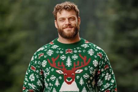 This festive ugly Christmas sweater is a must-have for holiday gatherings! Featuring a bold reindeer design with snowflakes and Christmas trees in vibrant colors, it's guaranteed to bring smiles and laughter Make a statement this season with this eye-catching sweater and enjoy the holiday fun AI Generativeの素材