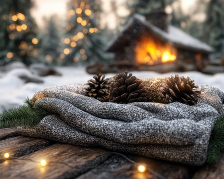 Embrace the tranquility of winter in a cozy cabin nestled in the wilderness A crackling fireplace warms the air, while soft lighting creates a serene atmosphere Snow blankets the landscape, inviting you to relax and unwind in the ultimate winter getaway AI Generativeの素材