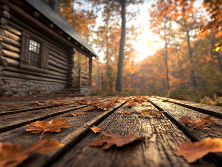 A cozy rustic cabin porch beckons, enveloped in the warmth of autumn Vibrant hues of crimson, gold, and amber paint the surrounding forest, creating a breathtaking scene The air is crisp, carrying the scent of fallen leaves and wood smoke, inviting you to relax and soak in the beauty of AI Generativeの素材