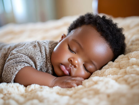 A tiny bundle of joy, nestled in a soft blanket, sleeps soundly The infant's peaceful serenity is captured in this heartwarming photograph Sweet dreams fill the air as the newborn rests comfortably, creating precious moments that will be cherished forever Tranquil sleep and restful slumber fill the image, showcasing the AI Generativeの素材