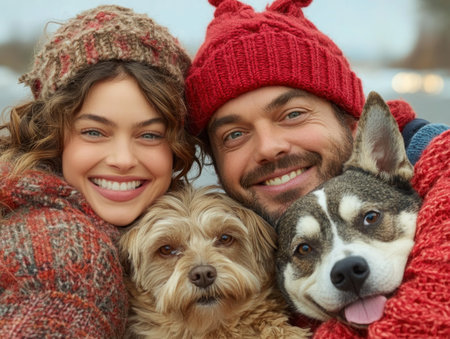 Celebrate the holidays with a heartwarming family photo that includes your furry friends! Create lasting memories with festive pet portraits that capture the love and joy of the season Let your pets be a part of your family's holiday traditions and create beautiful keepsakes for years to come AI Generativeの素材