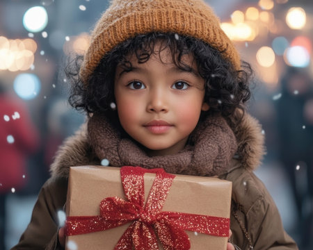 A young child's eyes sparkle with joy as they share gifts, spreading love and cheer during the holiday season Their heart overflows with generosity, embracing the spirit of goodwill and celebrating the magic of giving This heartwarming scene embodies the true meaning of the holidays, bringing warmth and happiness to AI Generativeの素材