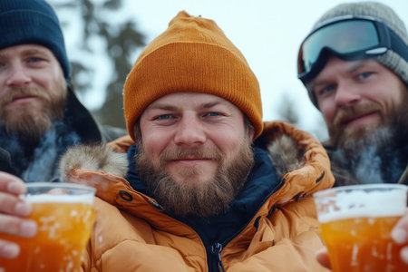 A warm apr s-ski celebration unfolds at a cozy ski lodge Friends gather by the crackling fireplace, sharing stories and laughter after a thrilling day on the slopes The air is filled with the aroma of hot chocolate and the clinking of beer glasses, creating a perfect end to an exhilarating AI Generativeの素材