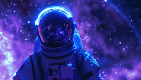 A solitary astronaut, illuminated by the celestial tapestry, embodies the spirit of human exploration This image evokes boundless potential, showcasing the innovative spirit driving humanity's quest to conquer the final frontier Fueled by futuristic technology and unwavering determination, this astronaut represents our relentless pursuit of the unknown AI Generativeの素材