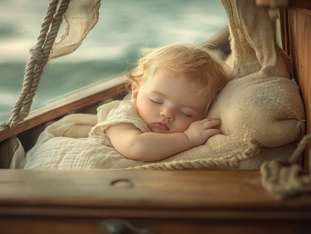 A precious newborn, nestled in a tiny boat, sleeps soundly This dreamy baby photography captures the peaceful slumber of a little one, showcasing adorable sleeping poses and cozy spaces From cute baby pictures to professional newborn photography, this image inspires sweet dreams and precious moments AI Generativeの素材