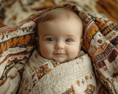 Capture the precious moments of your newborn's first days with a serene photoshoot A soft blanket envelops your little one, creating a cozy and peaceful setting for timeless images Whether in a studio or the comfort of your home, our photographer will capture the innocence and beauty of your baby's AI Generativeの素材