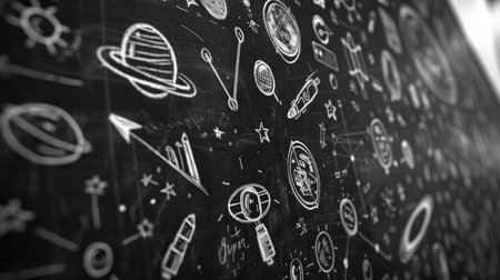 Embark on a cosmic journey through captivating chalkboard sketches Witness the adventurous spirit of space exploration, from daring astronauts to celestial wonders Each chalk drawing captures the beauty and mystery of the universe, leaving you with a sense of awe and wonder AI Generativeの素材