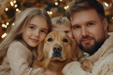 Preserve the heartwarming joy of the holiday season with a family photo that includes your beloved pets Capture the love and laughter shared with your furry companions, creating cherished memories this Christmas Let your four-legged family members be part of the festive celebration! AI Generativeの素材