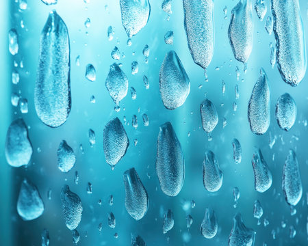 A close-up of water droplets frozen on a frosty windowpane captures the essence of winter The intricate ice crystals create abstract patterns, blurring the background into a hazy wonderland The icy texture and cold temperature are palpable, evoking a sense of tranquility and frozen beauty AI Generativeの素材