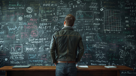 A solitary figure stands before a vast chalkboard, a canvas teeming with chalk sketches and drawings Immersed in a world of ideas, they explore the boundless possibilities of knowledge and creativity Through art on a black canvas, embark on an adventure of learning and innovation AI Generativeの素材
