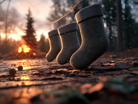 Capture the magic of Christmas Eve with a cozy fireside scene Warm firelight dances on stockings hung with care, creating a festive ambiance This enchanting image is perfect for Christmas cards, social media posts, and holiday decorations Let the spirit of the season fill your home with this timeless tradition AI Generativeの素材