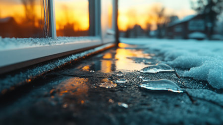 A frosted windowpane, kissed by the warm hues of a setting sun, reveals a winter wonderland beyond Melting snow clings to the glass, creating a delicate, transparent layer that obscures the frozen world outside This close-up captures the beauty of a winter sunset, where warmth and cold collide in a AI Generativeの素材
